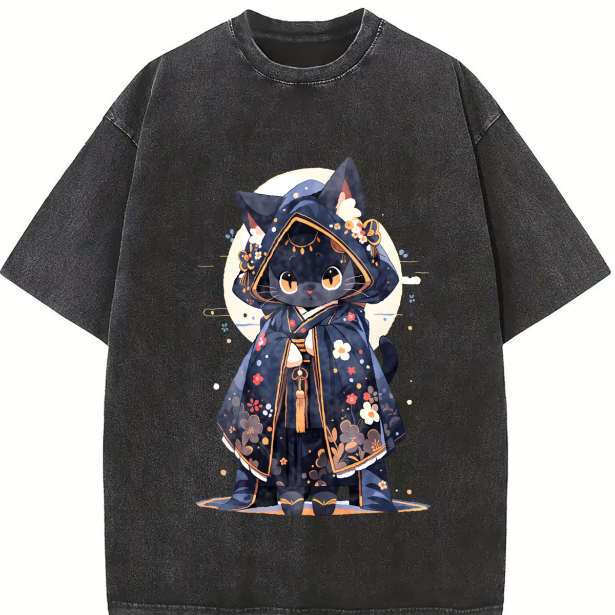 Cute Forest Animal Party Japanese- Black Robe Cat Vintage Washed T-Shirt in Black