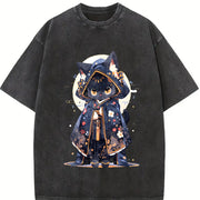 Cute Forest Animal Party Japanese- Black Robe Cat Vintage Washed T-Shirt in Black