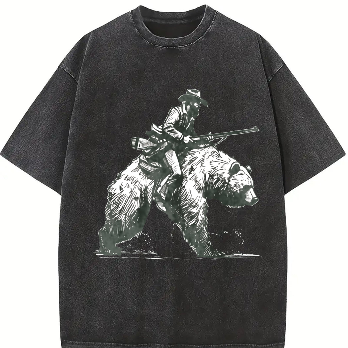 Retro Lumberjack Cowboy Riding a Bear 90s Vintage Washed T-Shirt in Black