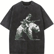 Retro Lumberjack Cowboy Riding a Bear 90s Vintage Washed T-Shirt in Black