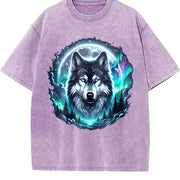 Retro Wolf at the Moon Vintage Washed T-Shirt in Purple