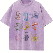 Cat 90s Tattoo Retro Kitten Cute Vintage Washed T-Shirt in Purple