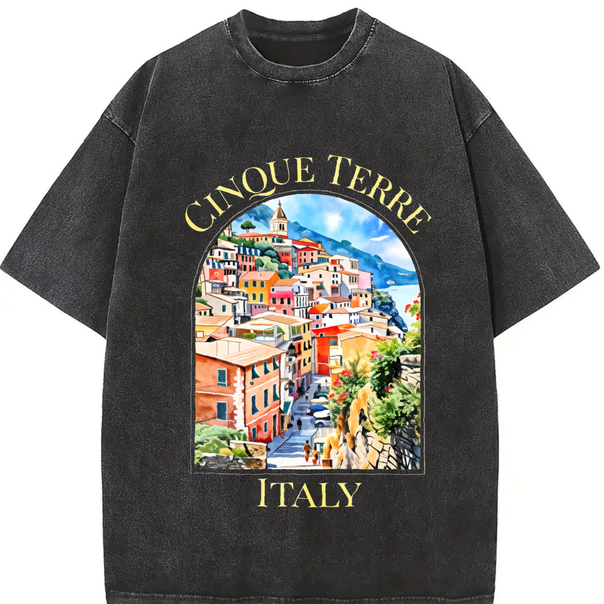 Cinque Terre Italy Vintage Washed T-Shirt in Black
