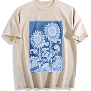 Sunflowers Retro Botanical Garden Vintage Washed T-Shirt in Beige