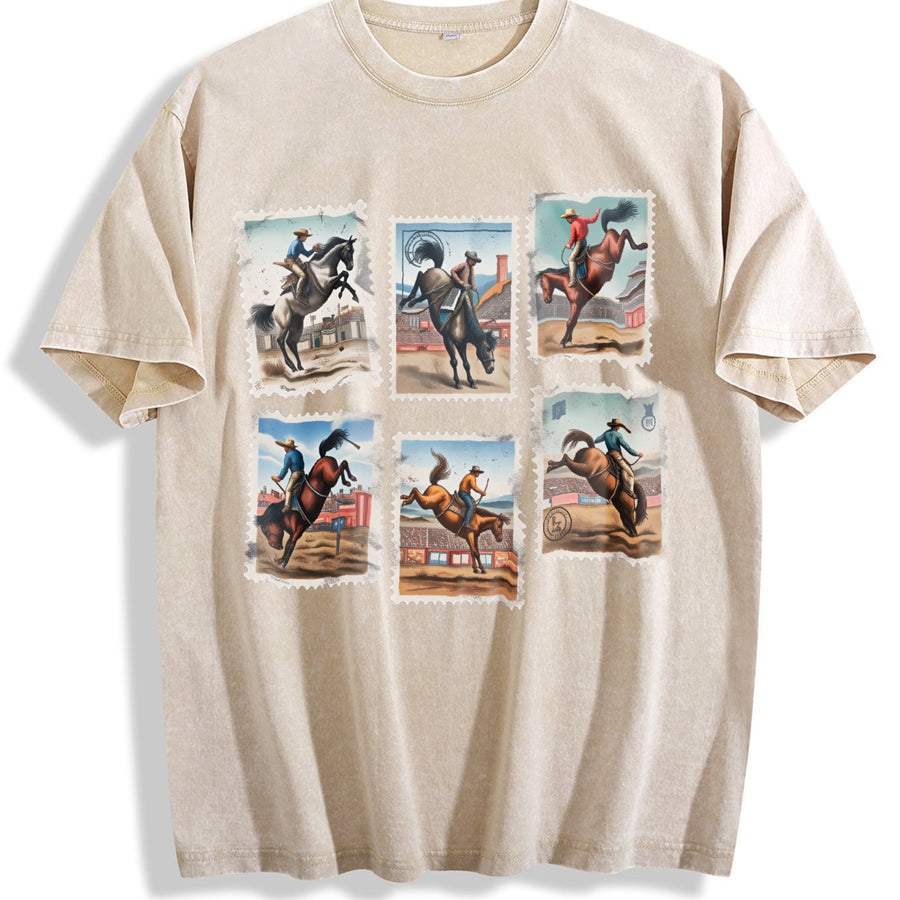 Rodeo Bucking Horse Western Cowboy Rodeo Stamp vintage washed oversized T-shirt in Beige