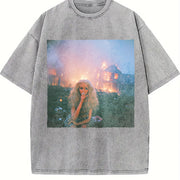 Glam Doll with a Fire Background Vintage Washed T-Shirt in Gray