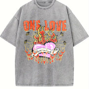 One Love Flame Heart Sleeveless Tank Vintage Washed T-Shirt in Gray