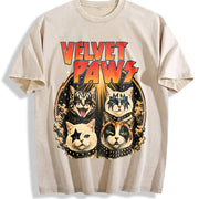 Velvet Pawz Cat Rock Band Vintage Washed T-Shirt in Beige
