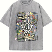 Good Energy Is Contagious Floral Skeleton vintage washed oversized T-shirt in Gray
