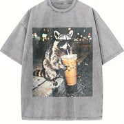 Raccoon Drinking Iced Coffee Animal Meme vintage washed oversized T-shirt in Gray