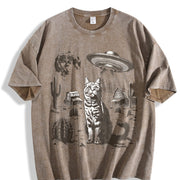 Ufo Western Cat Retro Cat Vintage Washed T-Shirt in Brown
