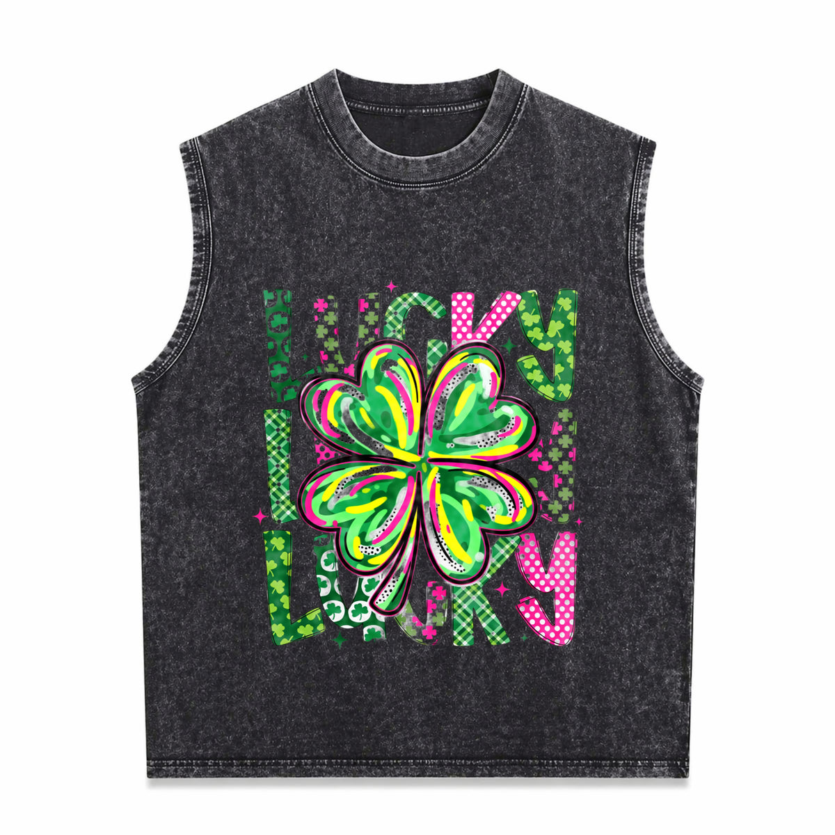 Lucky Shamrock St Patrick’s Day Vintage Washed Tank Top in Black