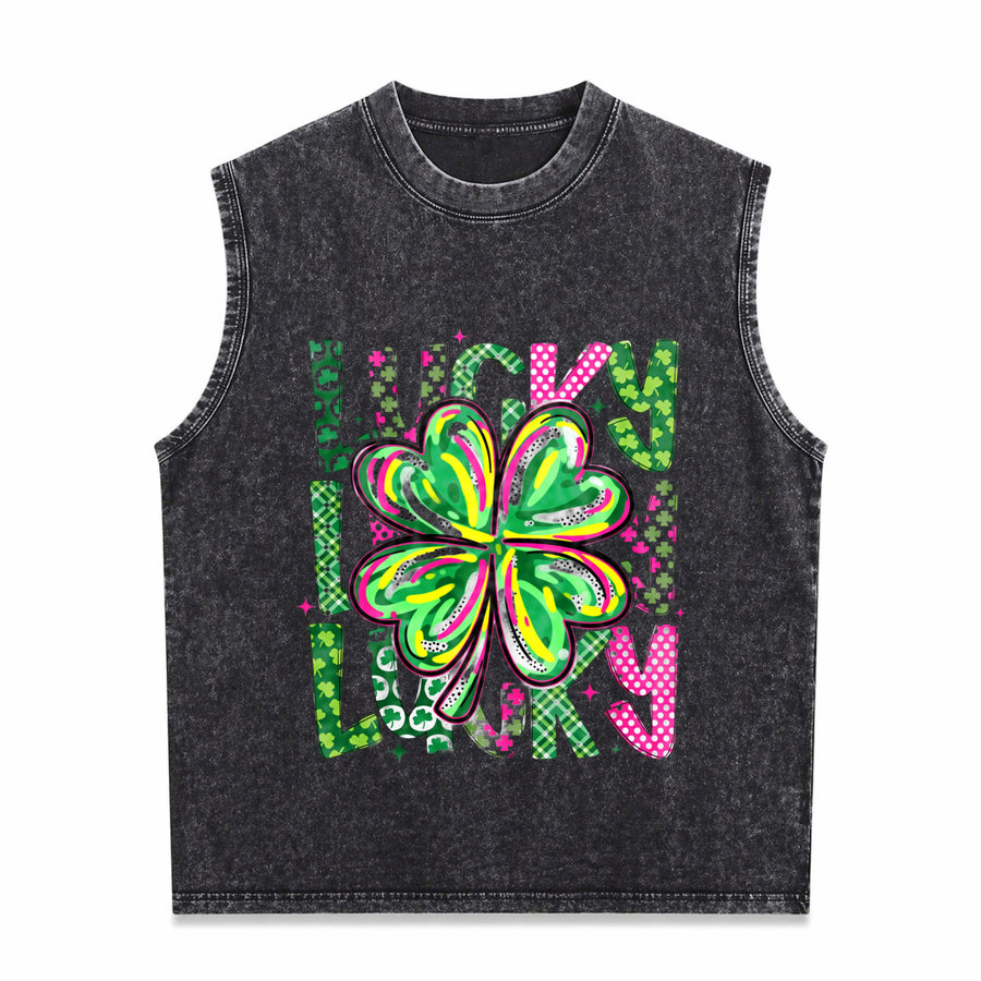 Lucky Shamrock St Patrick’s Day Vintage Washed Tank Top in Black