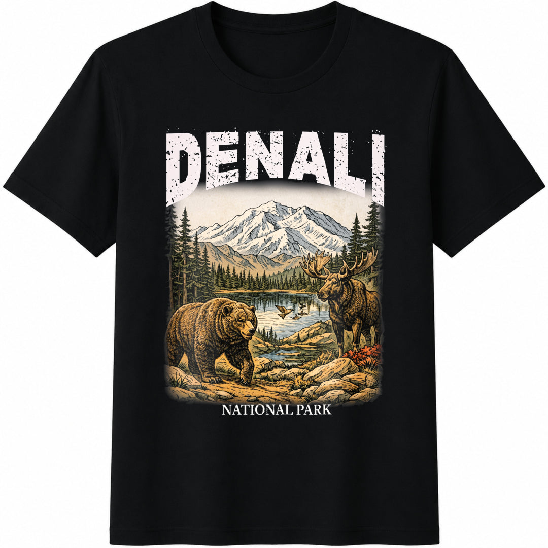Denali National Park Cotton T-Shirt in Black