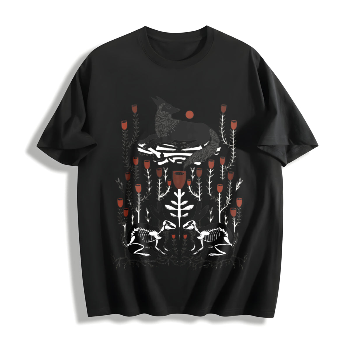 Fantasy Mysterious Floral Fox Skull Rabbit One-piece Cotton T-Shirt in Black