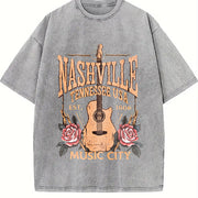 Music City Floral Guitar Vintage Washed T-Shirt in Gray