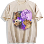 Three Capybaras Retro Capybara Moon Vintage Washed T-Shirt in Beige