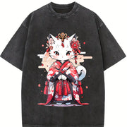 Animal Series Spring/: Cat in a Kimono Vintage Washed T-Shirt in Black