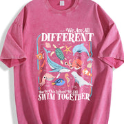 We Are All Different Swim Together Inclusive Ocean Animals vintage washed oversized T-shirt in Red
