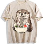 Otter Ramen Retro Otter Eating Noodles Vintage Washed T-Shirt in Beige