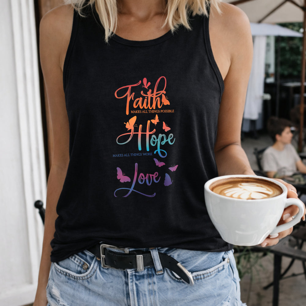 Faith Hope Love Butterflies Colorful Crew-neck Sleeveless Women's Color Cotton Tank Top in Black