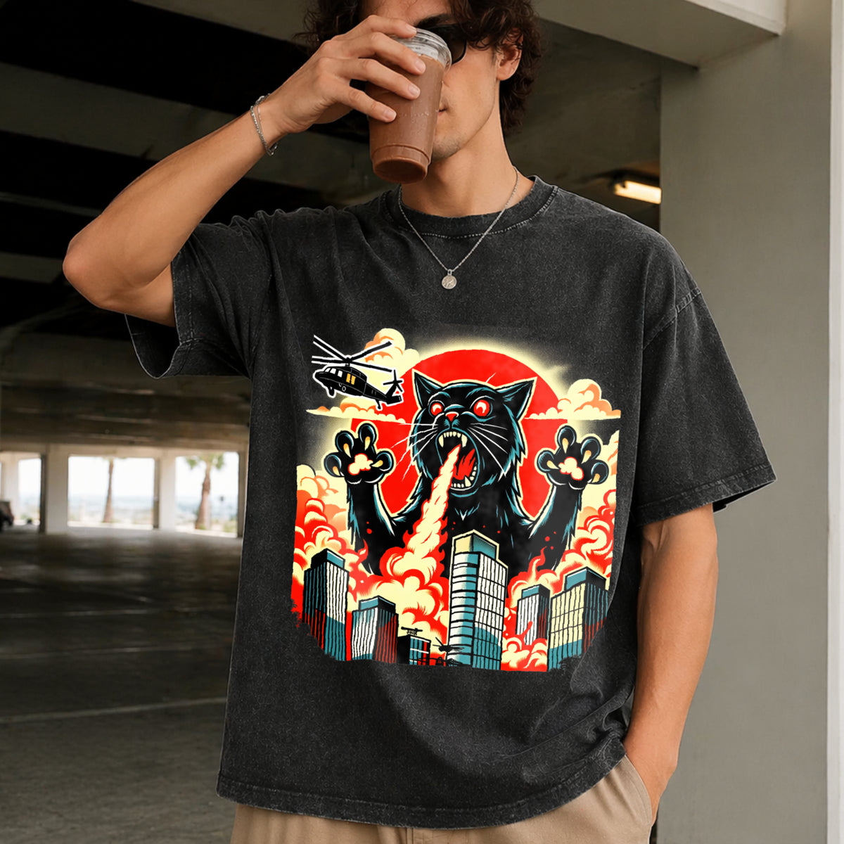 Catzilla Cat Japanese Art Cat for Kids 0714D 818 Vintage Washed T-Shirt in Black