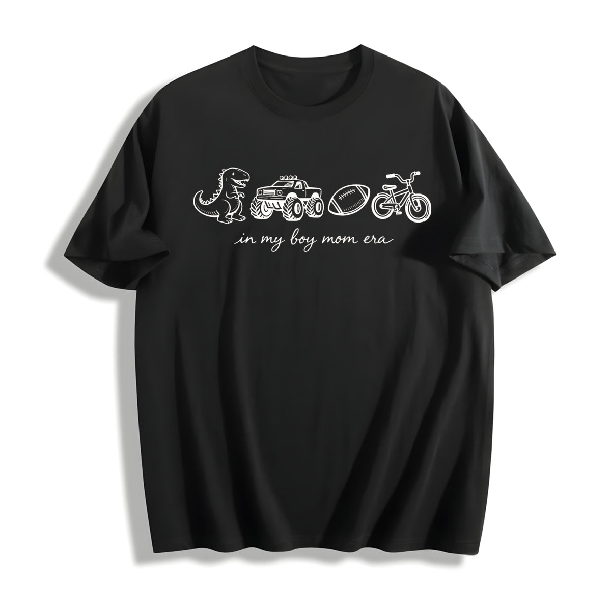 Boy Mom Era Dinosaur Monster Truck Football Bike Cotton T-Shirt in Black