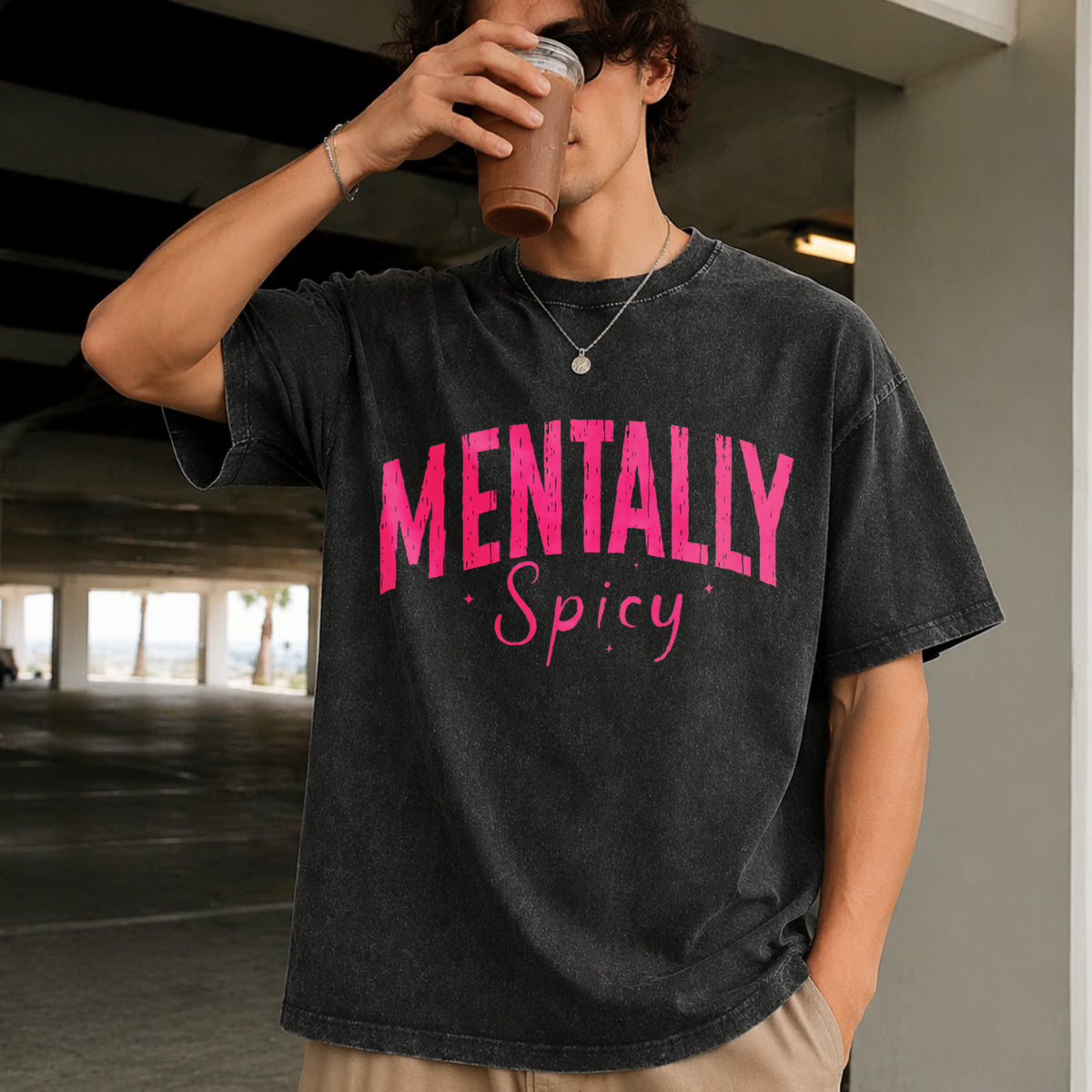 Mentally Spicy Vintage Washed T-Shirt in Black