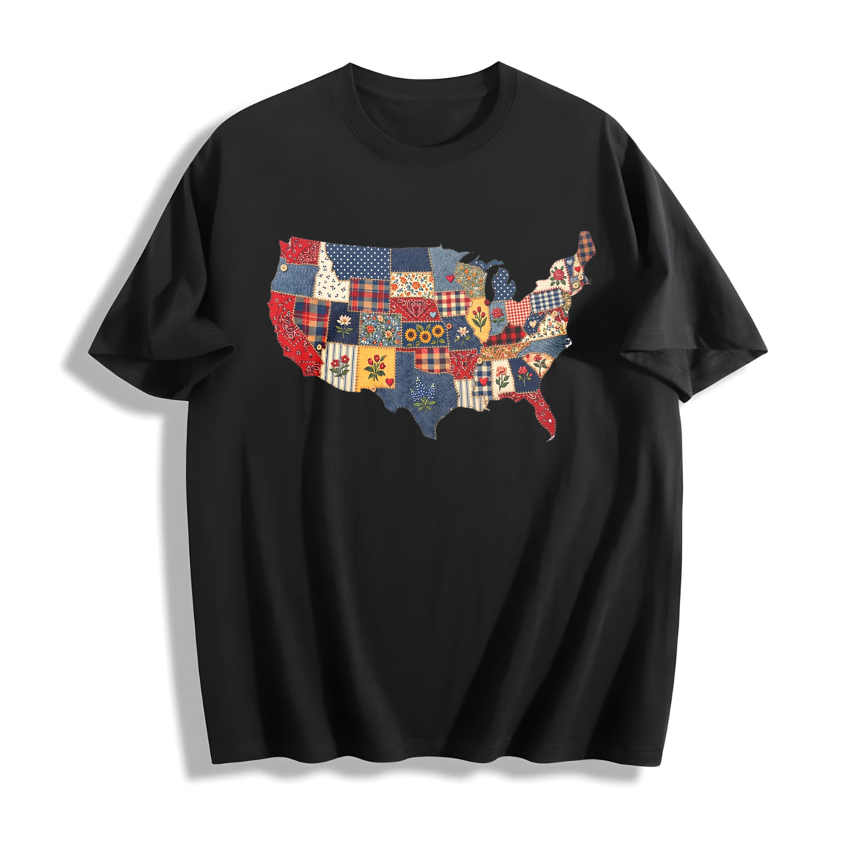Retro Patchwork USA Cotton T-Shirt in Black