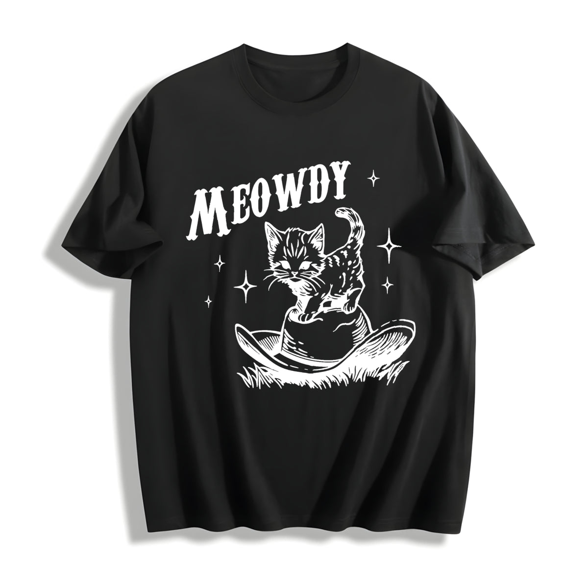 Cute Meowdy Cowboy Cotton T-Shirt in Black
