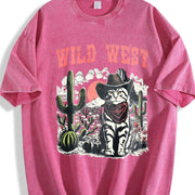 Retro Wild West Cowboy Cat Vintage Washed T-Shirt in Red
