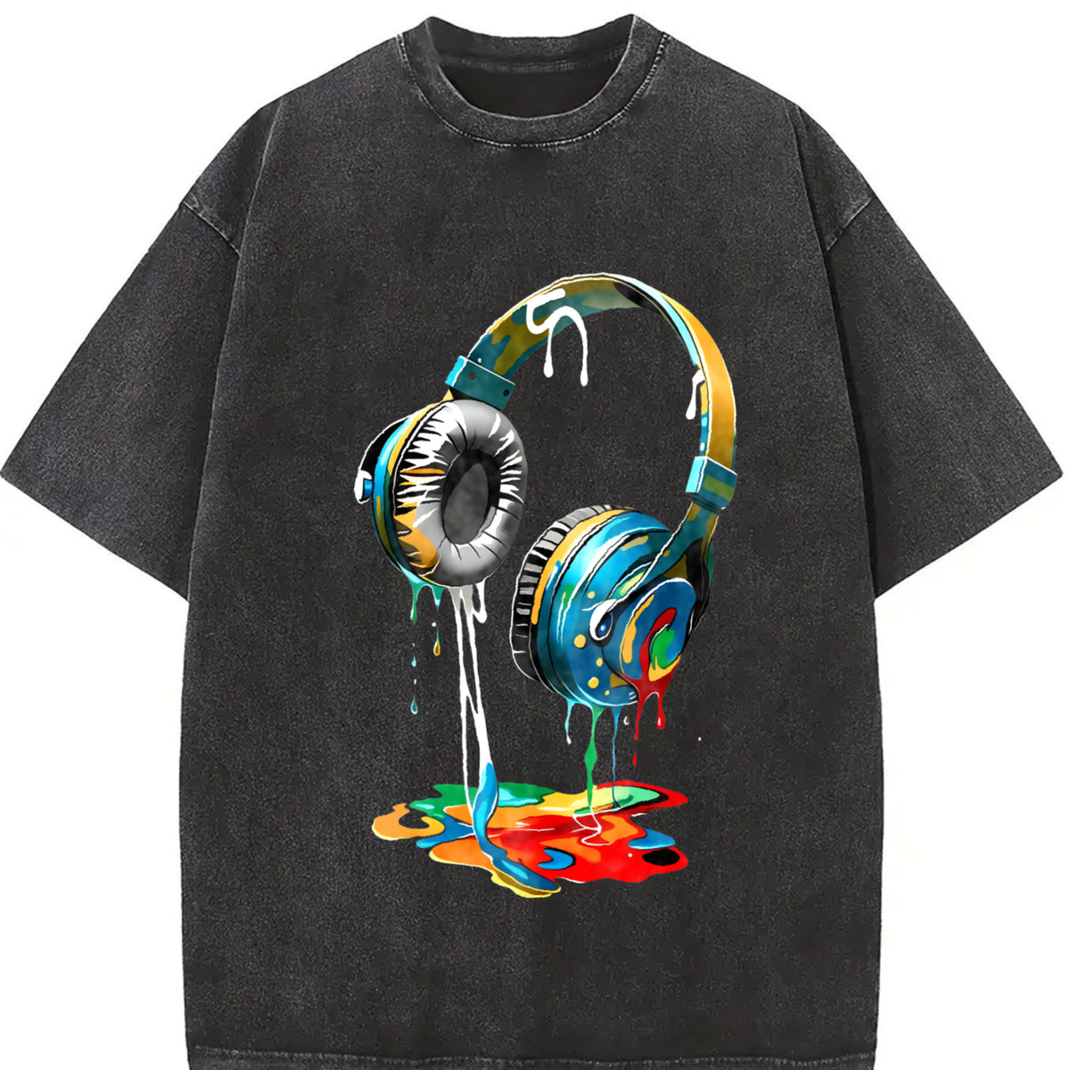 Loose Single Side - With Vibrant Headphones Drip Paint vintage washed oversized T-shirt in Black