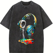 Loose Single Side - With Vibrant Headphones Drip Paint vintage washed oversized T-shirt in Black