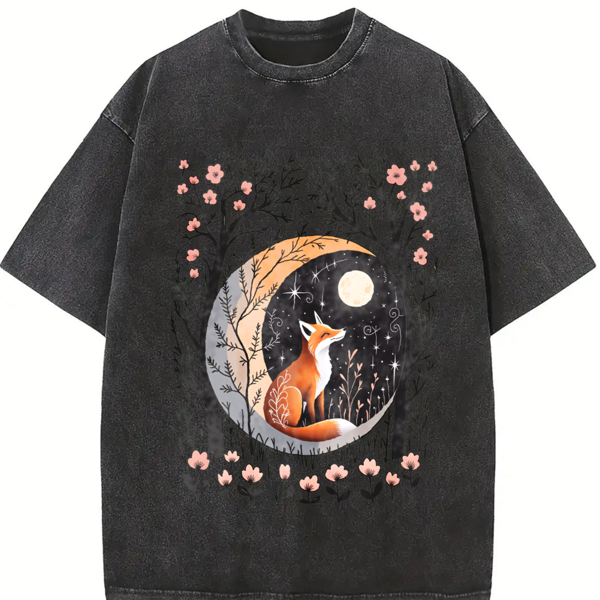 Sister Autumn Dead Tree Flowers Night Fox Appreciation Vintage Washed T-Shirt in Black