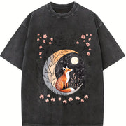 Sister Autumn Dead Tree Flowers Night Fox Appreciation Vintage Washed T-Shirt in Black