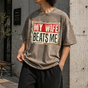 My Wife Beats Me American Flag Husband and Wife Vintage Washed T-Shirt in Brown