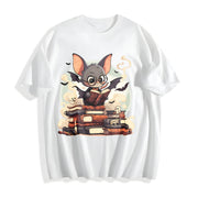 A Playful of a Bespectacled Bat Reading a Magic Book Cotton T-Shirt in White