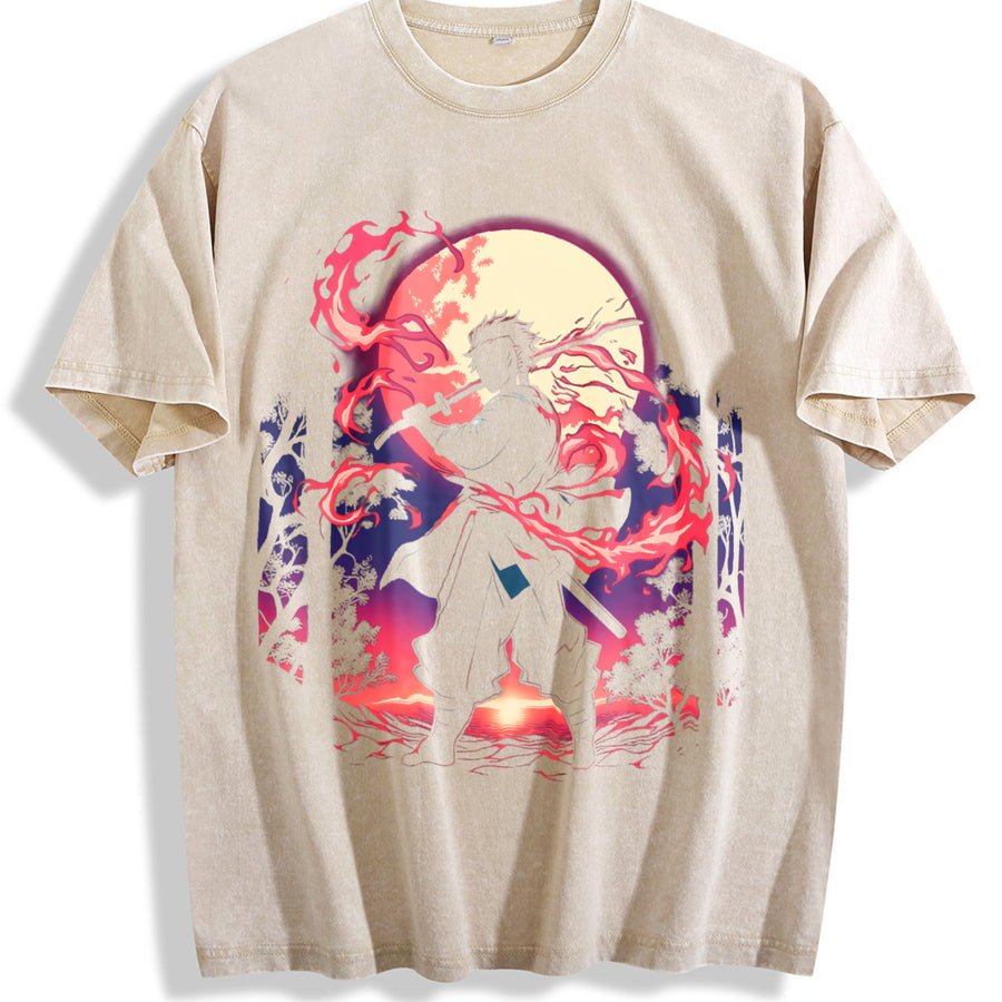 Demon Slayer Kimetsu No Yaiba 2-Sided Printing vintage washed oversized T-shirt in Beige