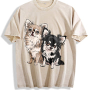 Long-haired Chihuahua Vintage Washed T-Shirt in Beige