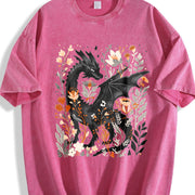 Fantasy Black Dragon Gentle Floral Vintage Washed T-Shirt in Red