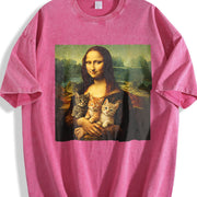 Mona Lisa Cat Renaissance Art Parody Vintage Washed T-Shirt in Red