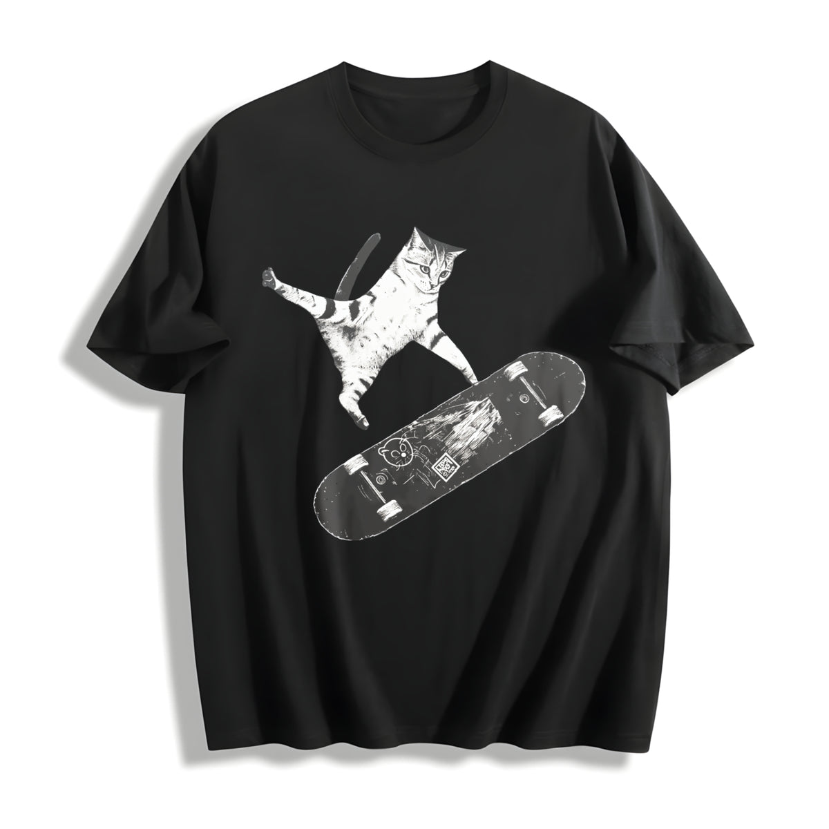 Skateboarding Cat Y2k Cat Cotton T-Shirt in Black
