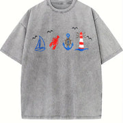 Coastal Nautical Embroidered Vintage Washed T-Shirt in Gray