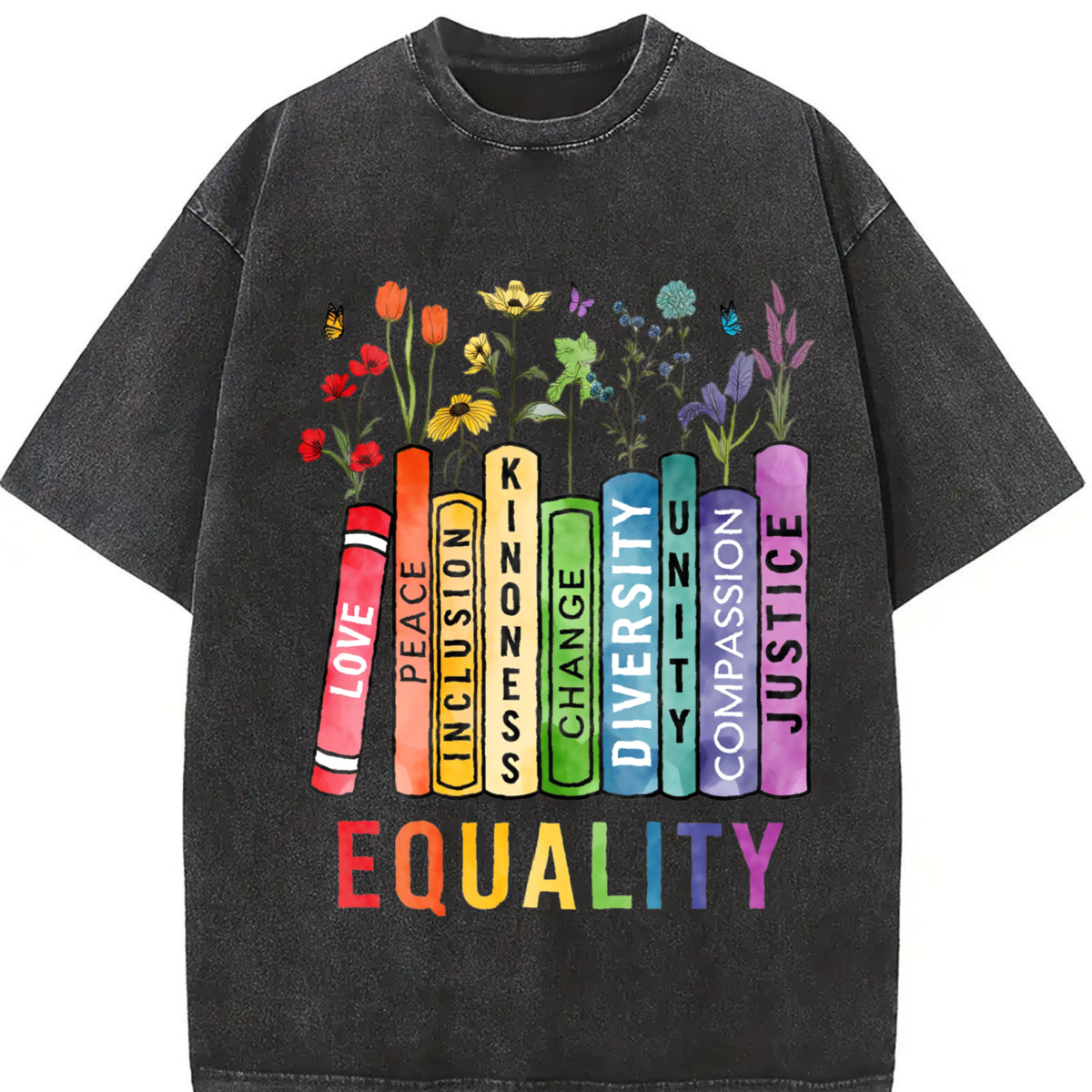 Equal Rights Book Flower Vintage Washed T-Shirt in Black