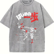 Hajime No Ippo Kamogawa Boxing Gym Crew Neckline Anime vintage washed oversized T-shirt in Gray
