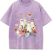 2024 Halloween Playful Ghosts with Crowns & Floral Bats Vintage Washed T-Shirt in Purple