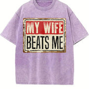 My Wife Beats Me American Flag Husband and Wife Vintage Washed T-Shirt in Purple