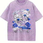 Short-sleeve Blue Smile Now Cry Later Silk Screen Vintage Washed T-Shirt in Purple