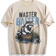 Retro Master Baiter Raccoon Fishing Vintage Washed T-Shirt in Beige