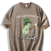St Patricks Day Frog Off to Get Lucked Up Lucky Shamrock Vintage Washed T-Shirt in Brown